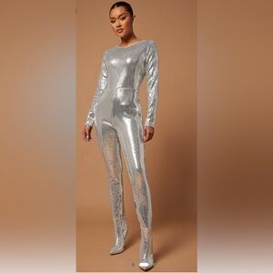 Fashion Nova Silver Sequin Women's Jumpsuit w/ Attached Boots-Shoe Size 9 NWT🩶
